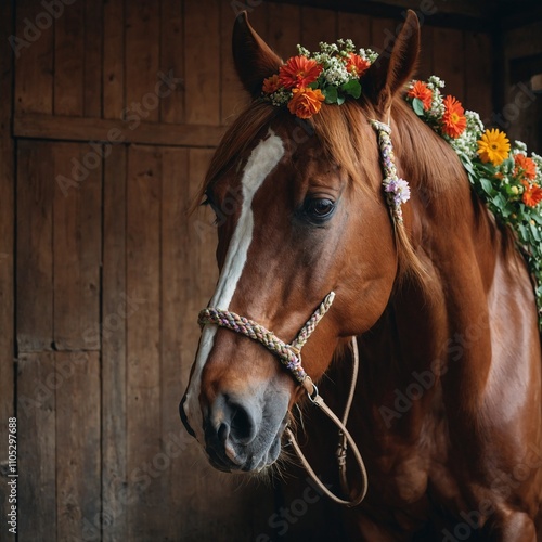 A beautifully groomed chestnut horse with a braided mane adorned with flowers, standing in a rustic stable. photo