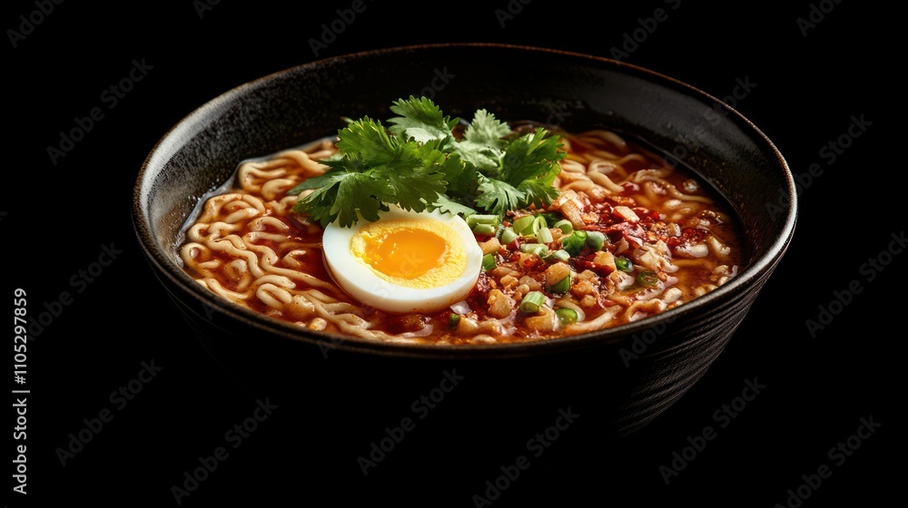 bowl of spicy ramen with egg cilantro chili peppers on black background japanese cuisine food photography bowl of spicy ramen with egg cilantro chili peppers on black background japanese cuisine food photography
