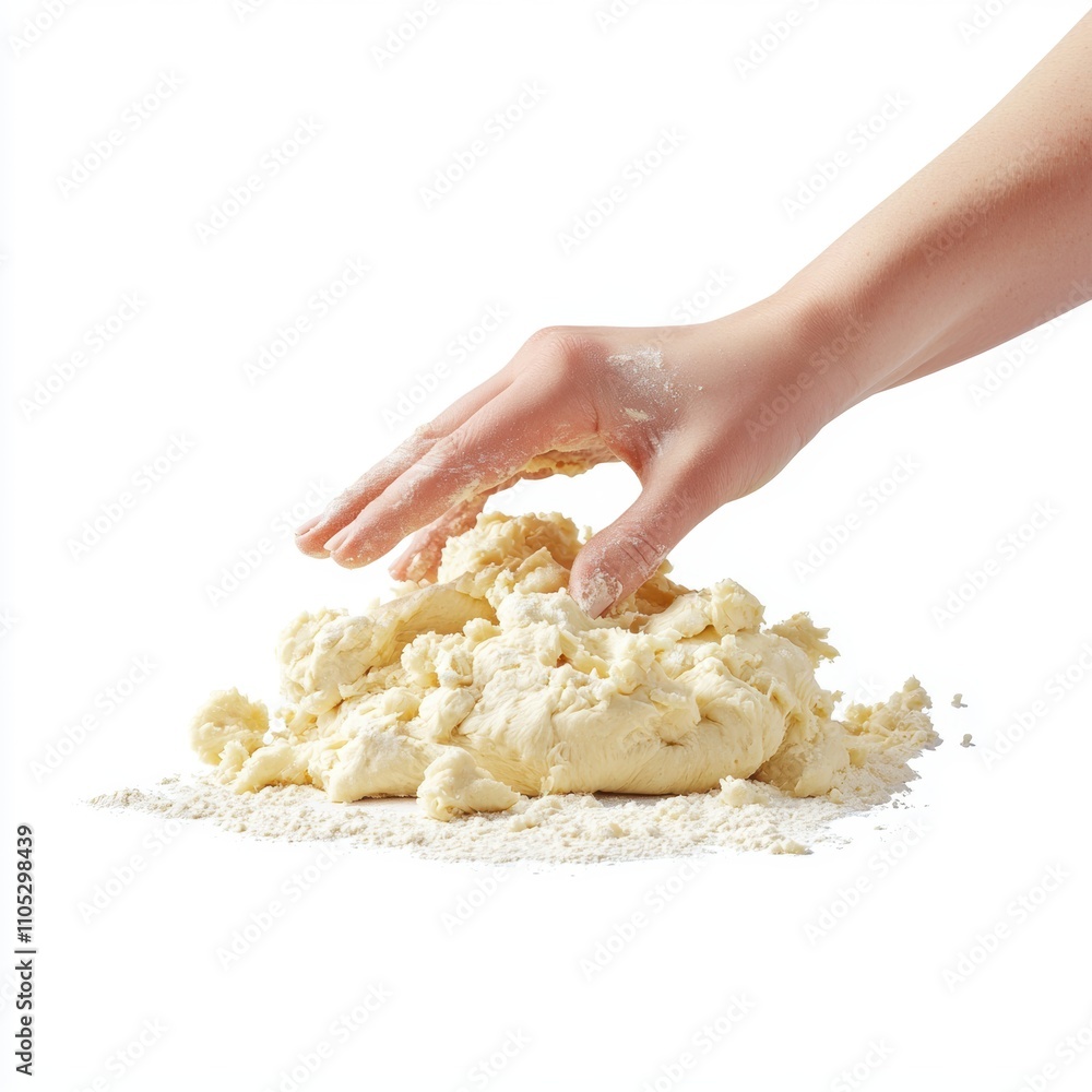 A hand kneading dough on a surface, showcasing the texture and consistency of fresh dough in a clean, bright setting. A hand kneading dough on a surface, showcasing the texture and consistency of fresh dough in a clean, bright setting.