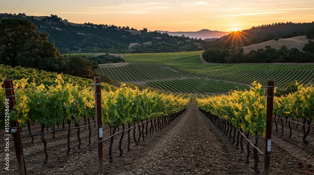 Fototapeta premium Golden Dawn Over the Vineyard: Embodying Growth, Patience, and Abundance
