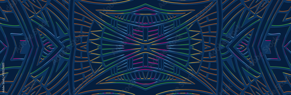 Fototapeta premium Banner, ethnic boho cover design. Geometric multicolored shiny 3D pattern on a blue background, embossing. Festive print. Unique ornaments, arabesques, mandala of the East, Asia, India, Mexico, Aztec,