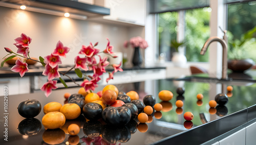 Nance fruits scattered across sleek black countertop highend kitchen bright flowers modern decor softly blurred behind promoting sophistication natures abundance Scientific name Byrsonima crassifolia photo