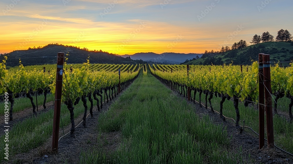 Obraz premium Golden Glow of Prosperity: Majestic Vineyard at Sunrise Signifying Growth, Patience, and Abundance