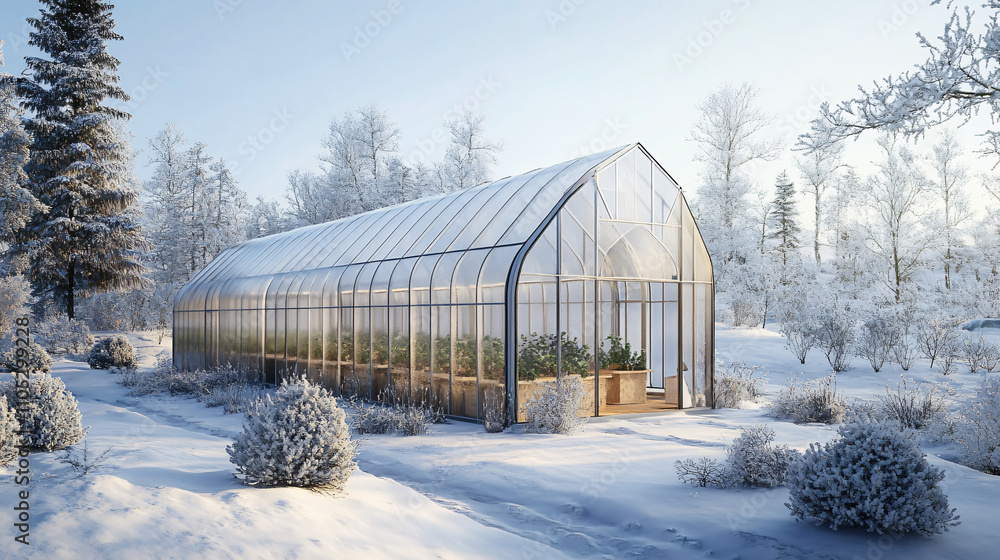 A smart winter greenhouse with automated temperature and humidity control systems, designed to grow winter crops in extreme cold conditions. A smart winter greenhouse with automated temperature and humidity control systems, designed to grow winter crops in extreme cold conditions.