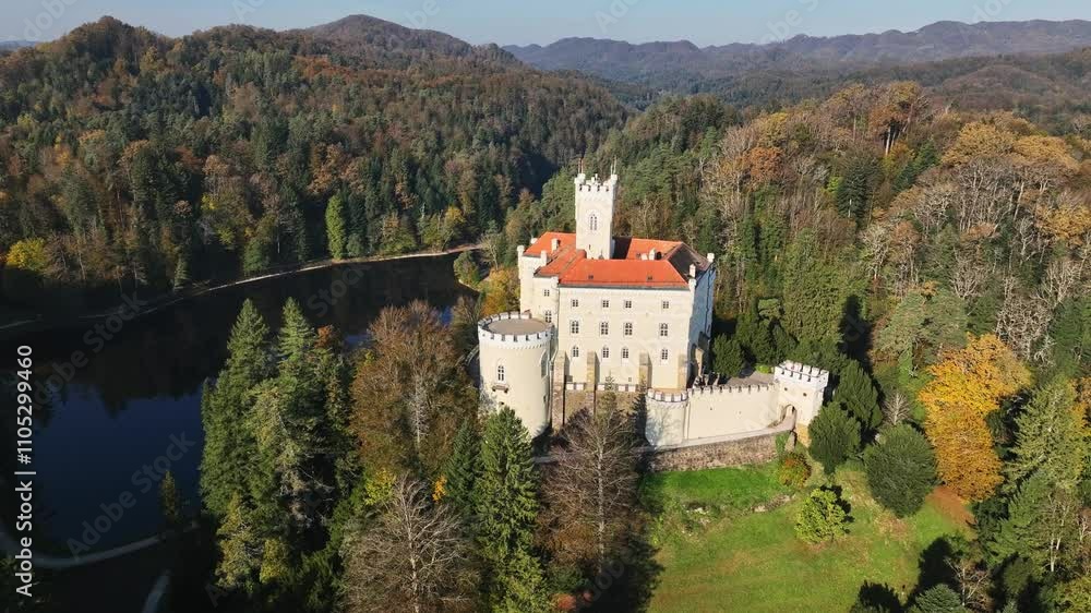 Amazing autumn video with a drone of the majestic old castle and lake of Trakoscan in Zagorje, northern Croatia Amazing autumn video with a drone of the majestic old castle and lake of Trakoscan in Zagorje, northern Croatia