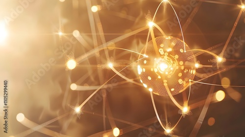 Golden atom model with glowing particles and energy orbits.