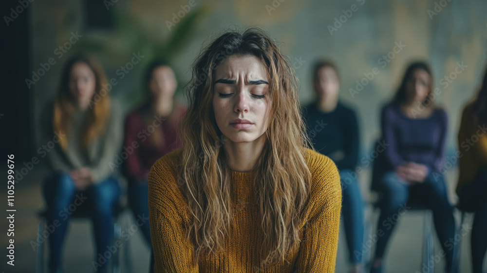 Portrait of a sad woman at a support group meeting Portrait of a sad woman at a support group meeting