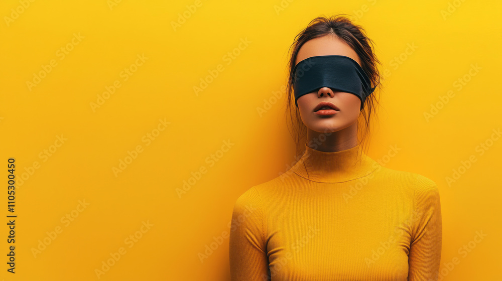 Young woman with blindfold standing against vibrant yellow background Young woman with blindfold standing against vibrant yellow background