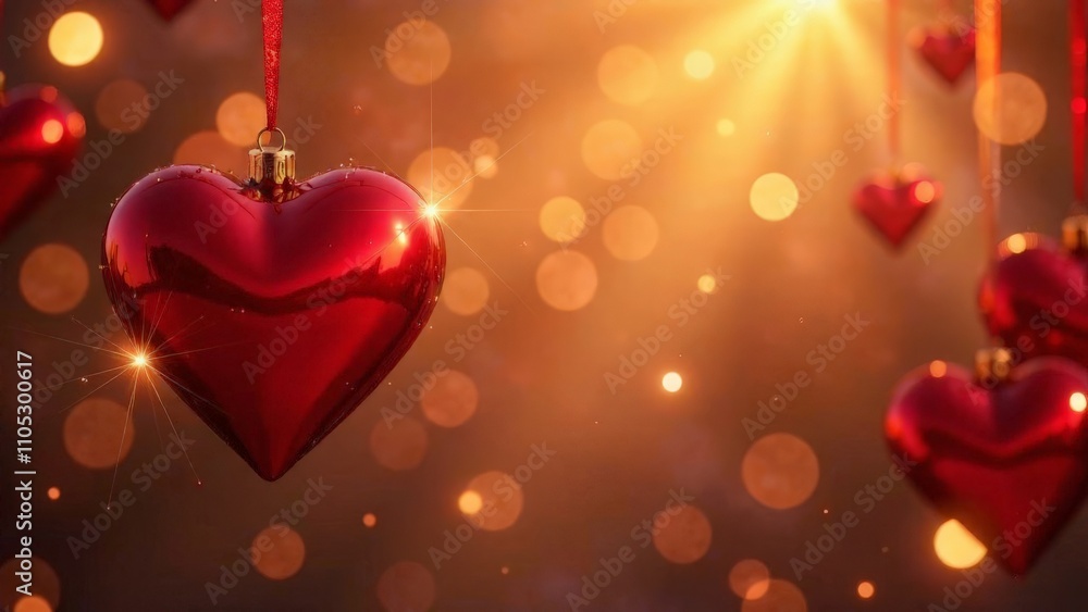 Red hearts hang on a bokeh background. Valentine's card. Red hearts hang on a bokeh background. Valentine's card.