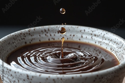 Coffee drops on a cup of coffee, close up photo