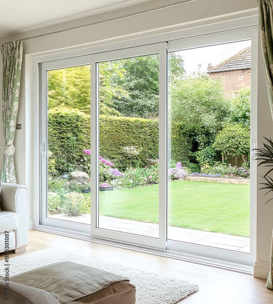 Fototapeta premium Triple sliding doors with large glass windows providing a view of the garden.