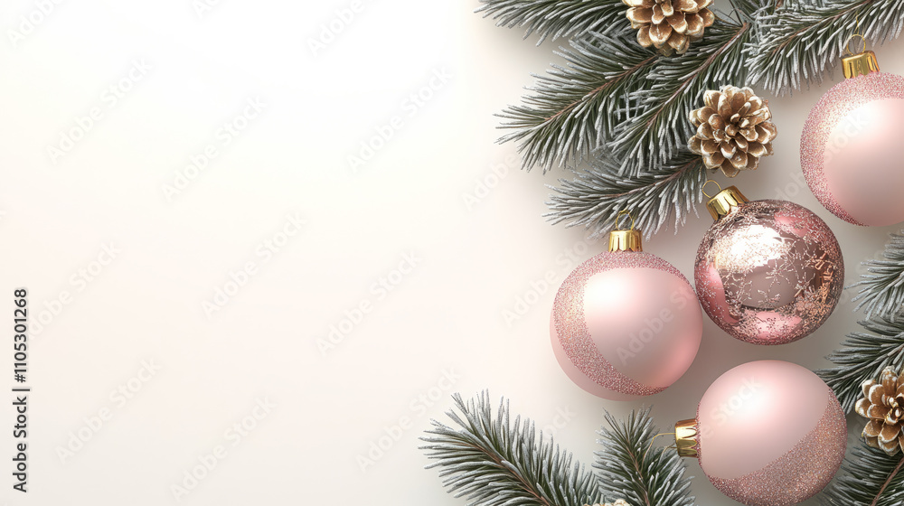 Top view of frosted pine branches, pinecones, and pink glitter Christmas baubles arranged on a white background. Festive holiday composition with copy space. Design for greeting cards, banners. Top view of frosted pine branches, pinecones, and pink glitter Christmas baubles arranged on a white background. Festive holiday composition with copy space. Design for greeting cards, banners.