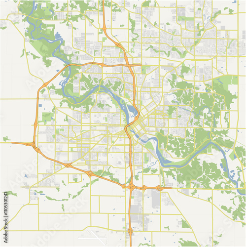 Map of Cedar Rapids in Iowa in a normal road map style. Contains layered vector with roads water, parks, etc.