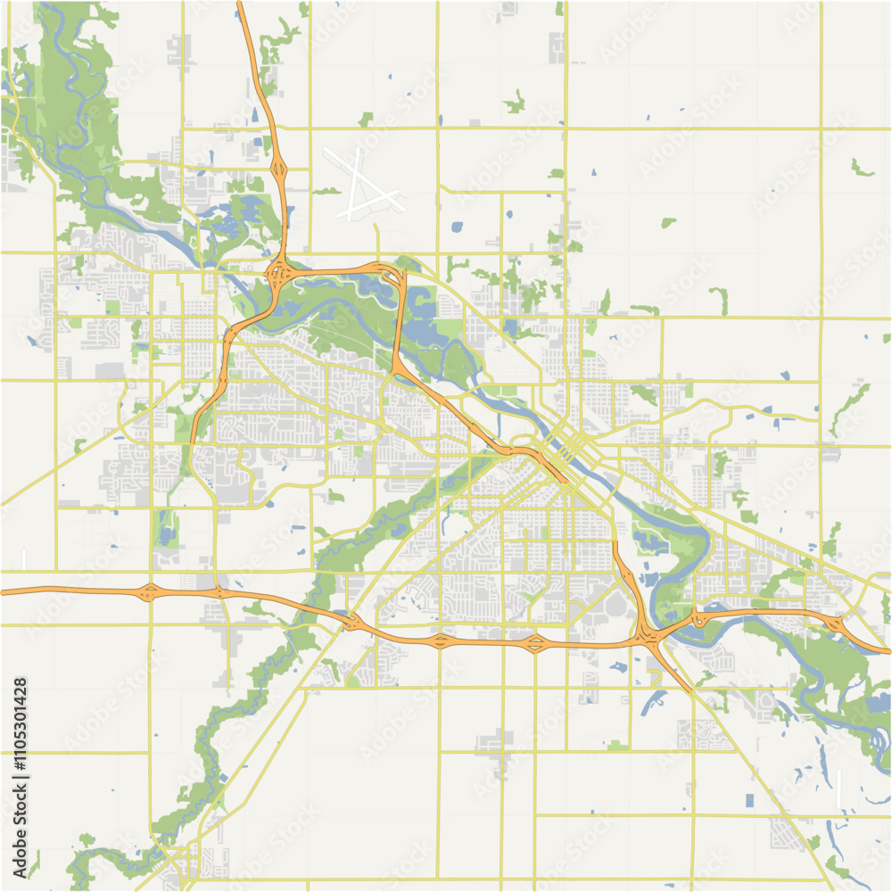 Fototapeta premium Map of Waterloo in Iowa in a normal road map style. Contains layered vector with roads water, parks, etc.