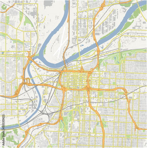 Map of Kansas City Center in Kansas in a normal road map style. Contains layered vector with roads water, parks, etc.