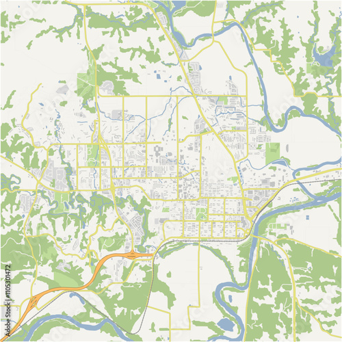 Map of Manhattan in Kansas in a normal road map style. Contains layered vector with roads water, parks, etc.