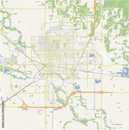 Map of Hutchinson in Kansas in a normal road map style. Contains layered vector with roads water, parks, etc.