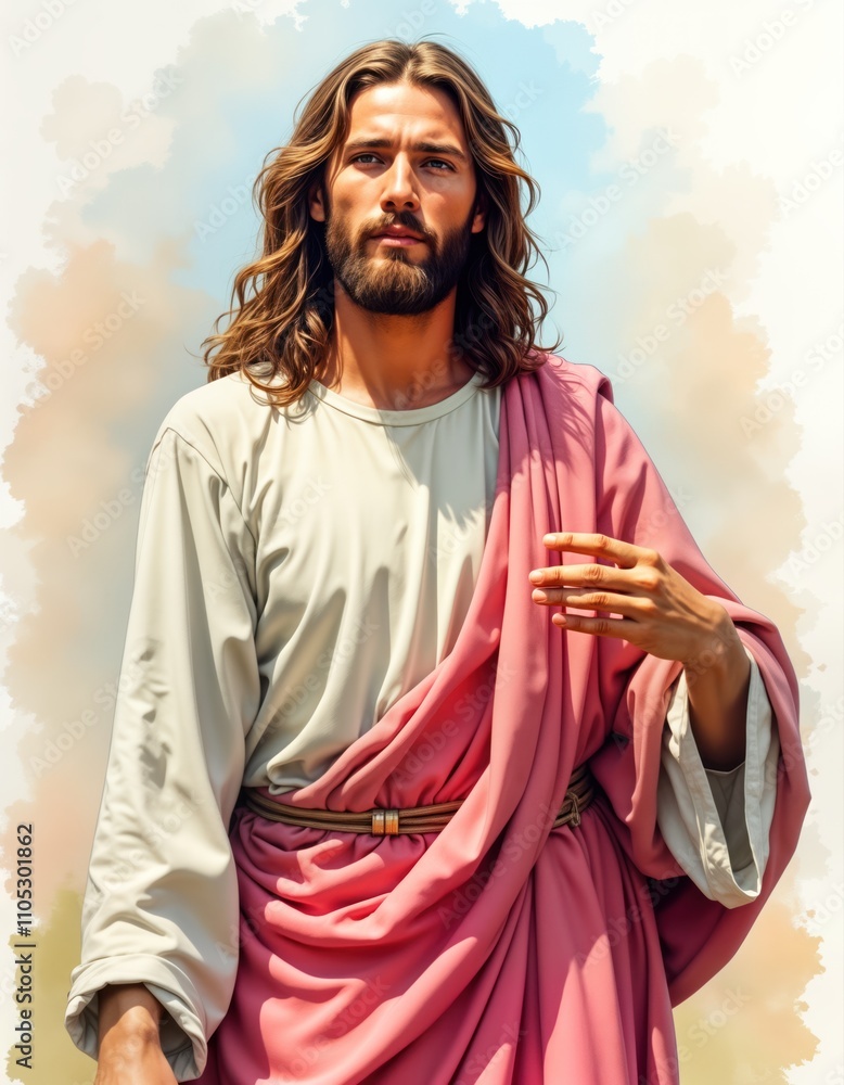 Fototapeta premium Religious watercolor portrait of Jesus Christ. Man with long brown hair, beard. Wears light beige tunic, flowing pink robe. Jesus looks directly forward with serene expression. Impressionist style