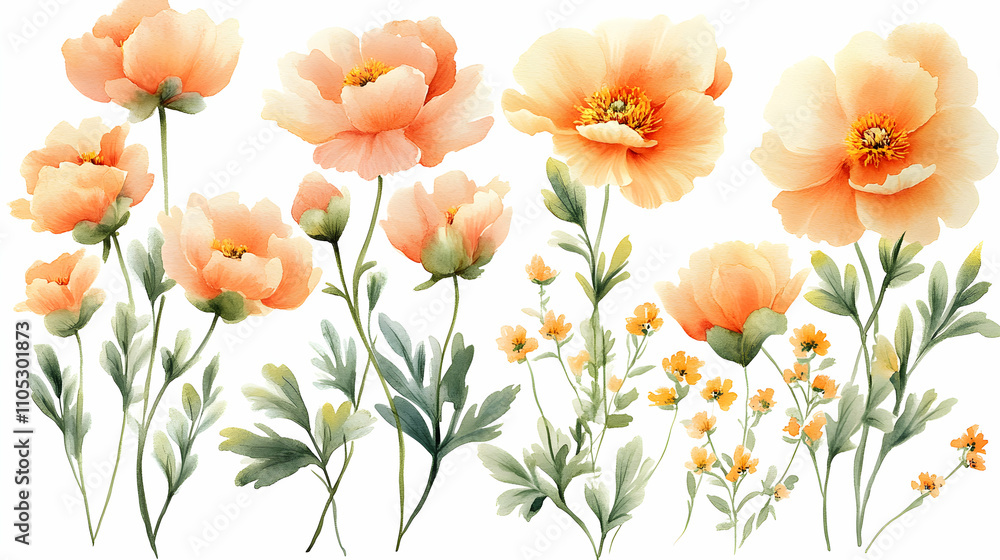 Watercolor Peach Poppy Flower Illustration: Delicate Blooms Arranged in a Botanical Composition on White Background Watercolor Peach Poppy Flower Illustration: Delicate Blooms Arranged in a Botanical Composition on White Background