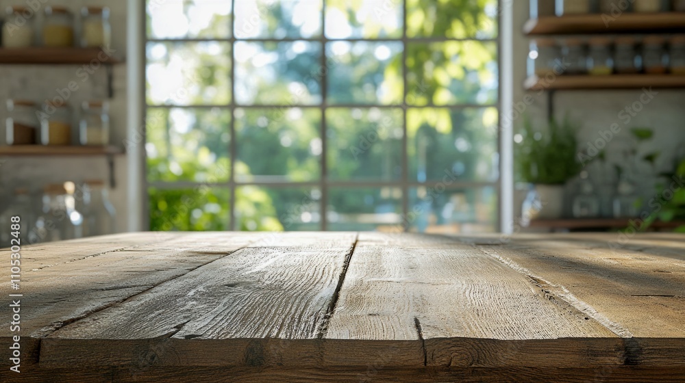 Wooden table in kitchen overlooks lush garden through large window. Wooden table in kitchen overlooks lush garden through large window.
