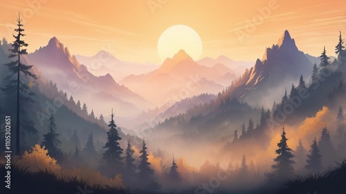 illustration art of sunrise in the mountains