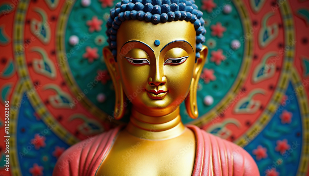 Serene golden Buddha statue peaceful expression intricate mandala background. Serene golden Buddha statue peaceful expression intricate mandala background.