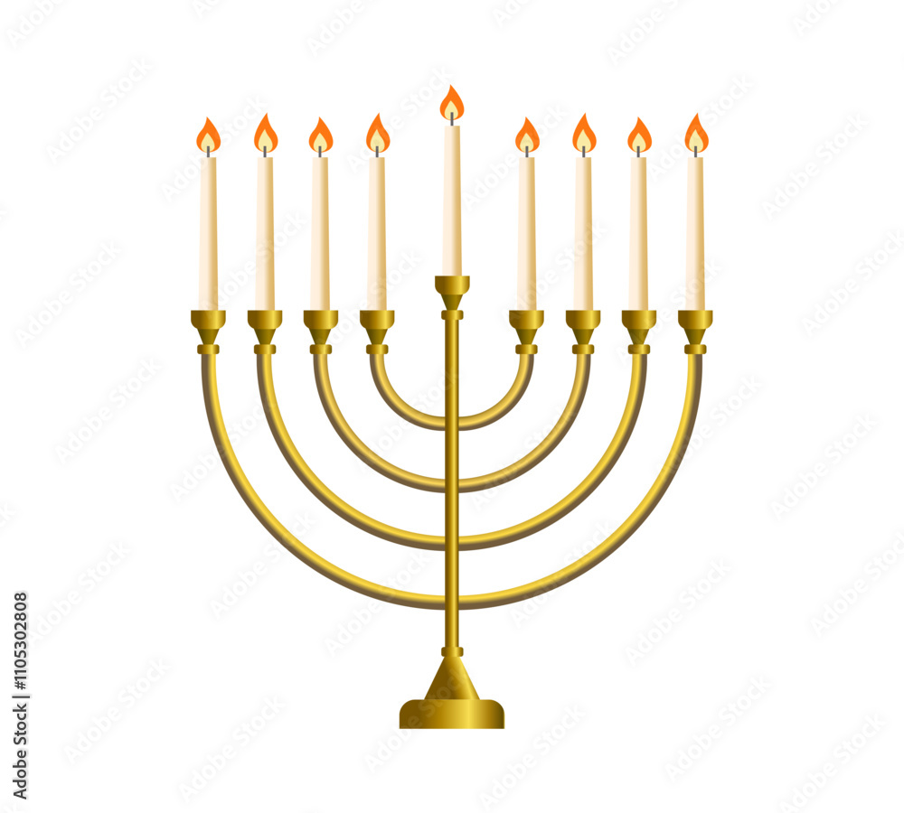 Hanukkah isolated Golden realistic menorah, candlestick with burning candles, traditional Hanukkah candelabrum, Jewish decoration, Vector illustration Hanukkah isolated Golden realistic menorah, candlestick with burning candles, traditional Hanukkah candelabrum, Jewish decoration, Vector illustration