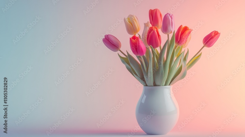 Delicate White Porcelain Vase with Vibrant Tulips on Soft Pastel Gradient Background, Perfect for Spring or Easter Decor Inspiration Generative AI Delicate White Porcelain Vase with Vibrant Tulips on Soft Pastel Gradient Background, Perfect for Spring or Easter Decor Inspiration Generative AI