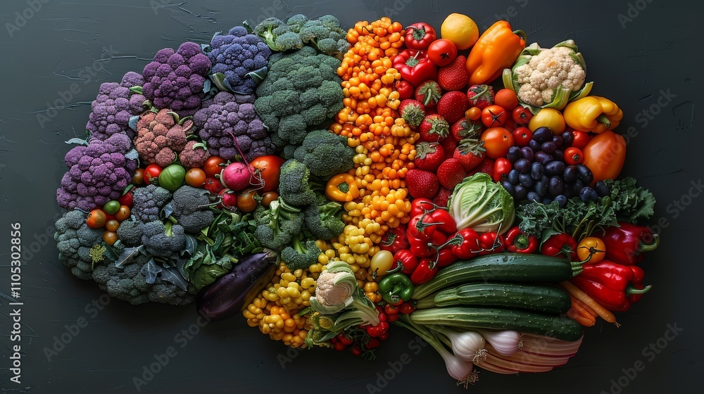 Vibrant Artistic Representation of Human Brain Made from Colorful Vegetables and Fruits for Health and Nutrition Concept Generative AI Vibrant Artistic Representation of Human Brain Made from Colorful Vegetables and Fruits for Health and Nutrition Concept Generative AI