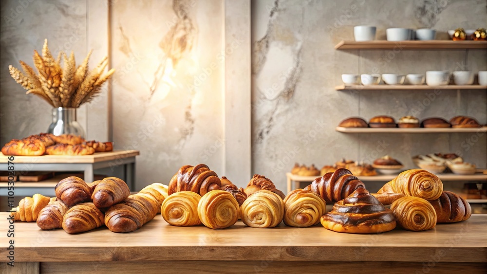 A delightful assortment of freshly baked pastries displayed on a wooden table in a bakery setting A delightful assortment of freshly baked pastries displayed on a wooden table in a bakery setting