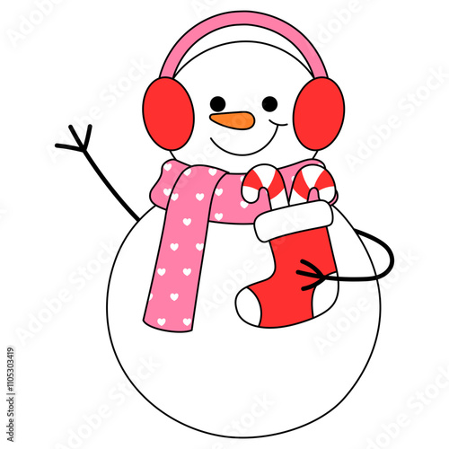 cute snowman wearing pink scarf and pink earmuff holding red sock with candy cane illustration