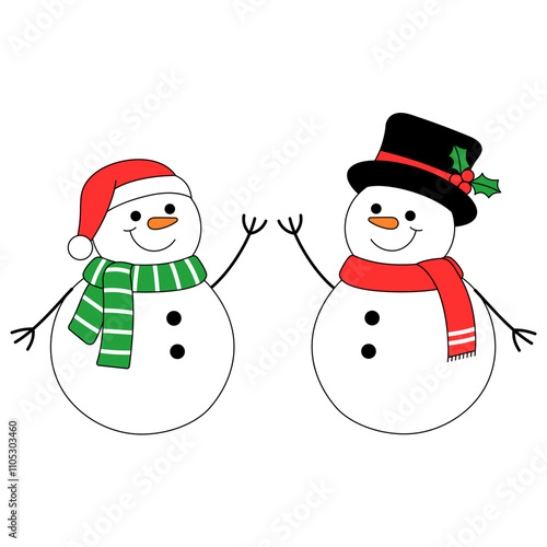 2 cute snowman wearing scarf and hat raising hand illustration