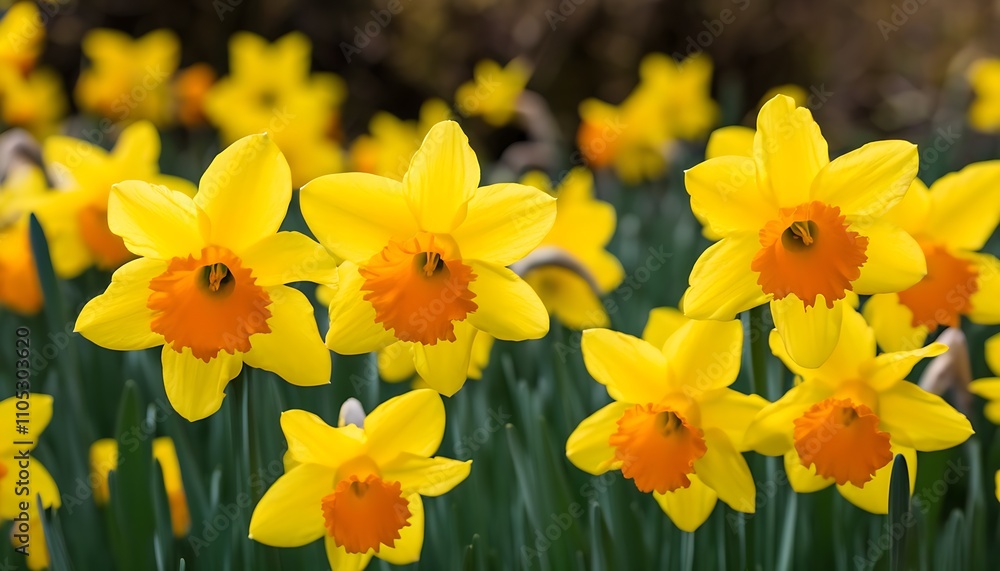 Fototapeta premium Spring Garden Scene with Yellow Daffodils in Bloom