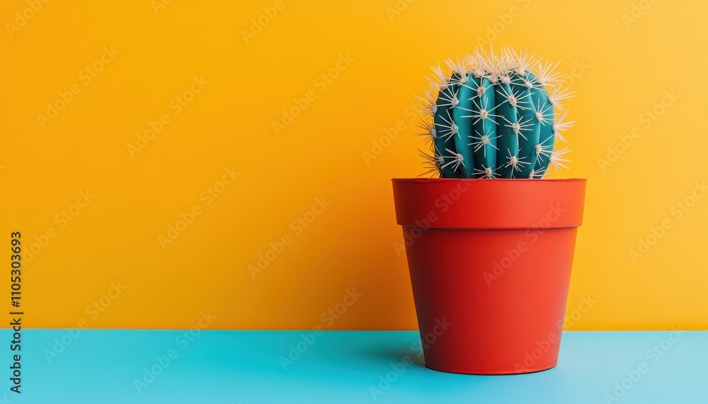Vibrant Cactus in Red Pot Against Yellow and Blue Background A Minimalist Still Life Photography Vibrant Cactus in Red Pot Against Yellow and Blue Background A Minimalist Still Life Photography