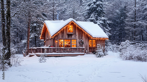 An elegant vector art of a snow-covered cabin in the woods, with light spilling from the windows and smoke rising from the chimney.