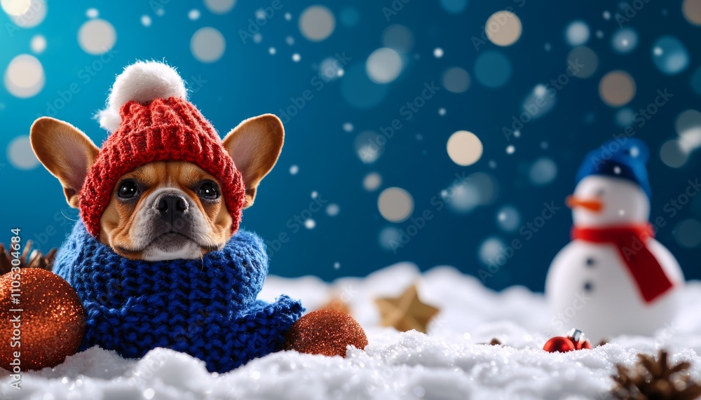 A cozy dog in a knitted scarf and hat sits on snow, surrounded by festive decorations and a snowman, capturing a cheerful winter scene. A cozy dog in a knitted scarf and hat sits on snow, surrounded by festive decorations and a snowman, capturing a cheerful winter scene.