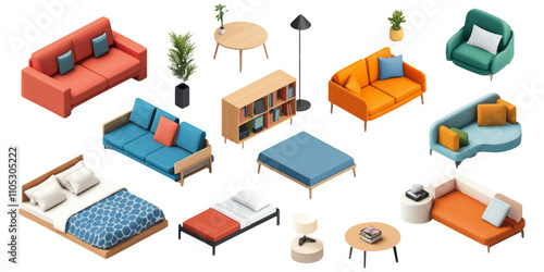Set of isometric living room furniture, including a sofa and armchair, a sleeping bed, a bookcase with books, and a coffee table with a potted plant on top, all set against a white background