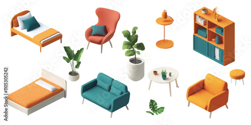 Set of isometric living room furniture, including a sofa and armchair, a sleeping bed, a bookcase with books, and a coffee table with a potted plant on top, all set against a white background