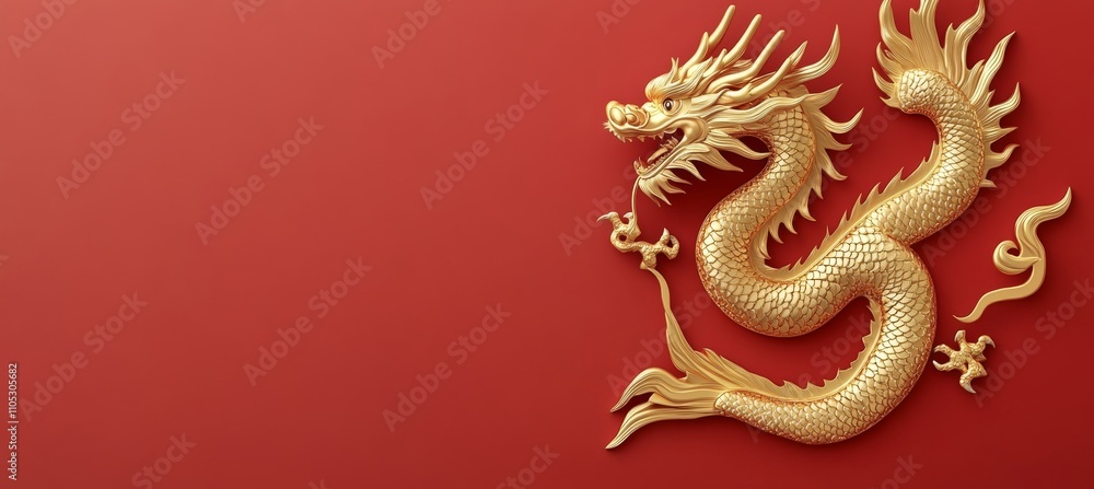 Obraz premium Golden Dragon on Red Background Symbol of Luck and Prosperity for Lunar New Year 2024