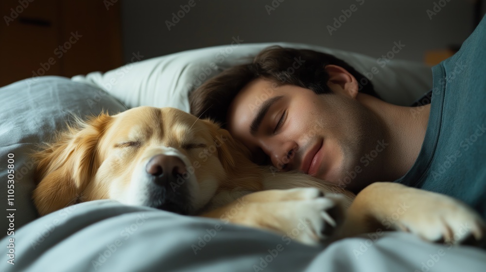 Man, dog sleeping together in bed. Man, golden retriever dog relaxing in comfy bed. Peaceful domestic scene of relaxation, love. Cozy moment at home. Warm, friendly pets. Owner, pet bond. Sleepy Man, dog sleeping together in bed. Man, golden retriever dog relaxing in comfy bed. Peaceful domestic scene of relaxation, love. Cozy moment at home. Warm, friendly pets. Owner, pet bond. Sleepy