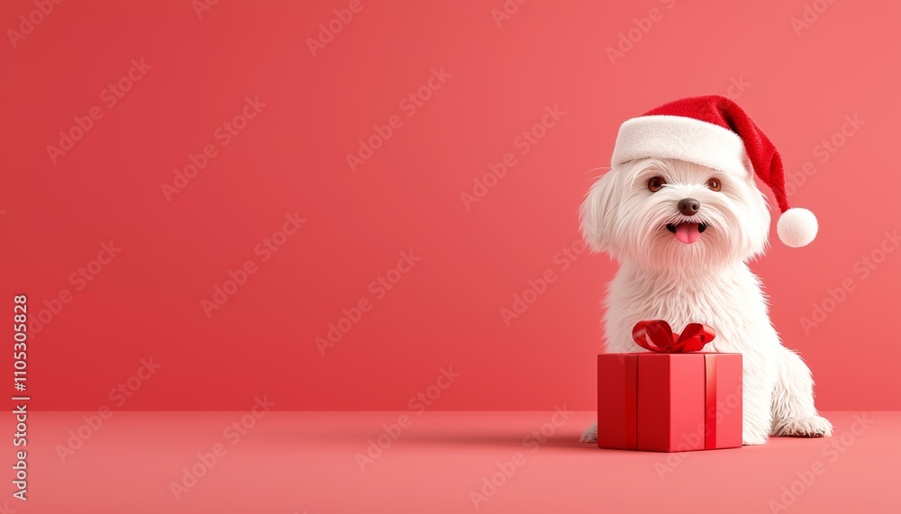 A fluffy dog in a Santa hat sits next to a red gift box against a vibrant red background, exuding a festive holiday spirit. A fluffy dog in a Santa hat sits next to a red gift box against a vibrant red background, exuding a festive holiday spirit.