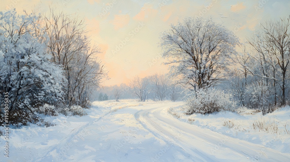 Winter landscape scene snowy pathway art nature peaceful environment tranquil viewpoint Winter landscape scene snowy pathway art nature peaceful environment tranquil viewpoint