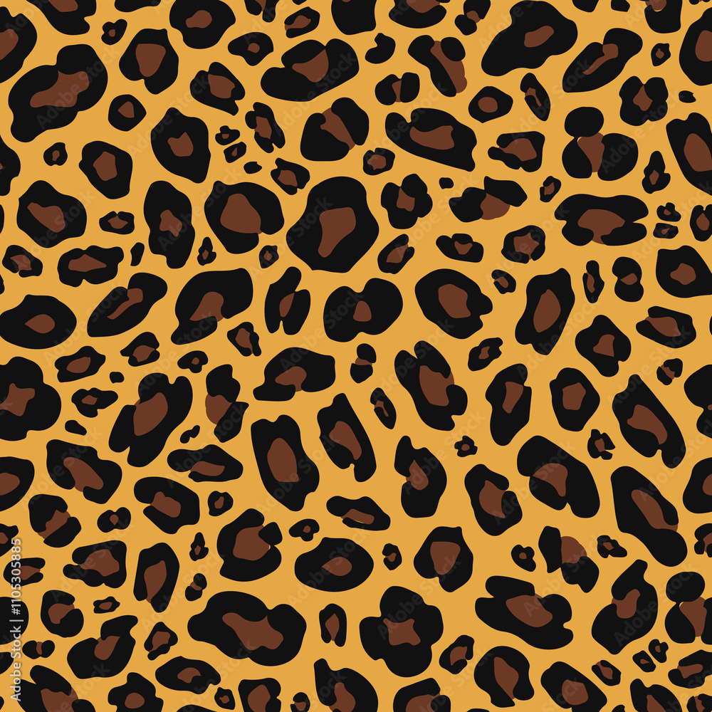 Seamless leopard print pattern with black and brown spots on a yellow background, perfect for fashion, textiles, and design projects Seamless leopard print pattern with black and brown spots on a yellow background, perfect for fashion, textiles, and design projects