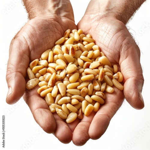 A handful of pine nuts, showcasing their pale yellow color and unique shape.