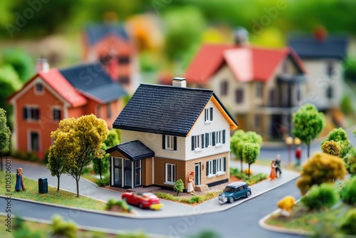 Miniature residential area model. Houses, small cars on streets. Couple walking. Trees, green areas. Real estate model town. Holiday destination. Sightseeing. Miniature shopping area. Vacation