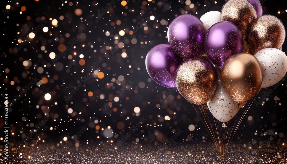 Bunch of Purple and Gold Balloons on a Sparkly Background, Festive Celebration Concept Bunch of Purple and Gold Balloons on a Sparkly Background, Festive Celebration Concept