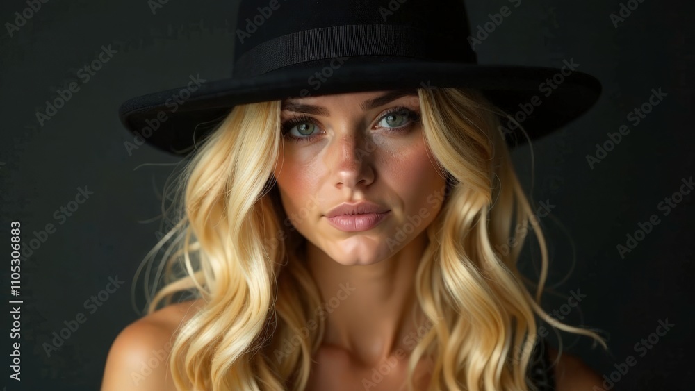 Portrait of a woman in a black hat. Portrait of a woman in a black hat.