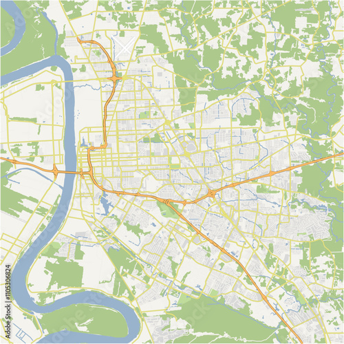 Map of Baton Rouge in Louisiana in a normal road map style. Contains layered vector with roads water, parks, etc.