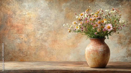 Wallpaper Mural Rustic Ceramic Vase with Wildflower Bouquet on Weathered Wooden Table Generative AI Torontodigital.ca