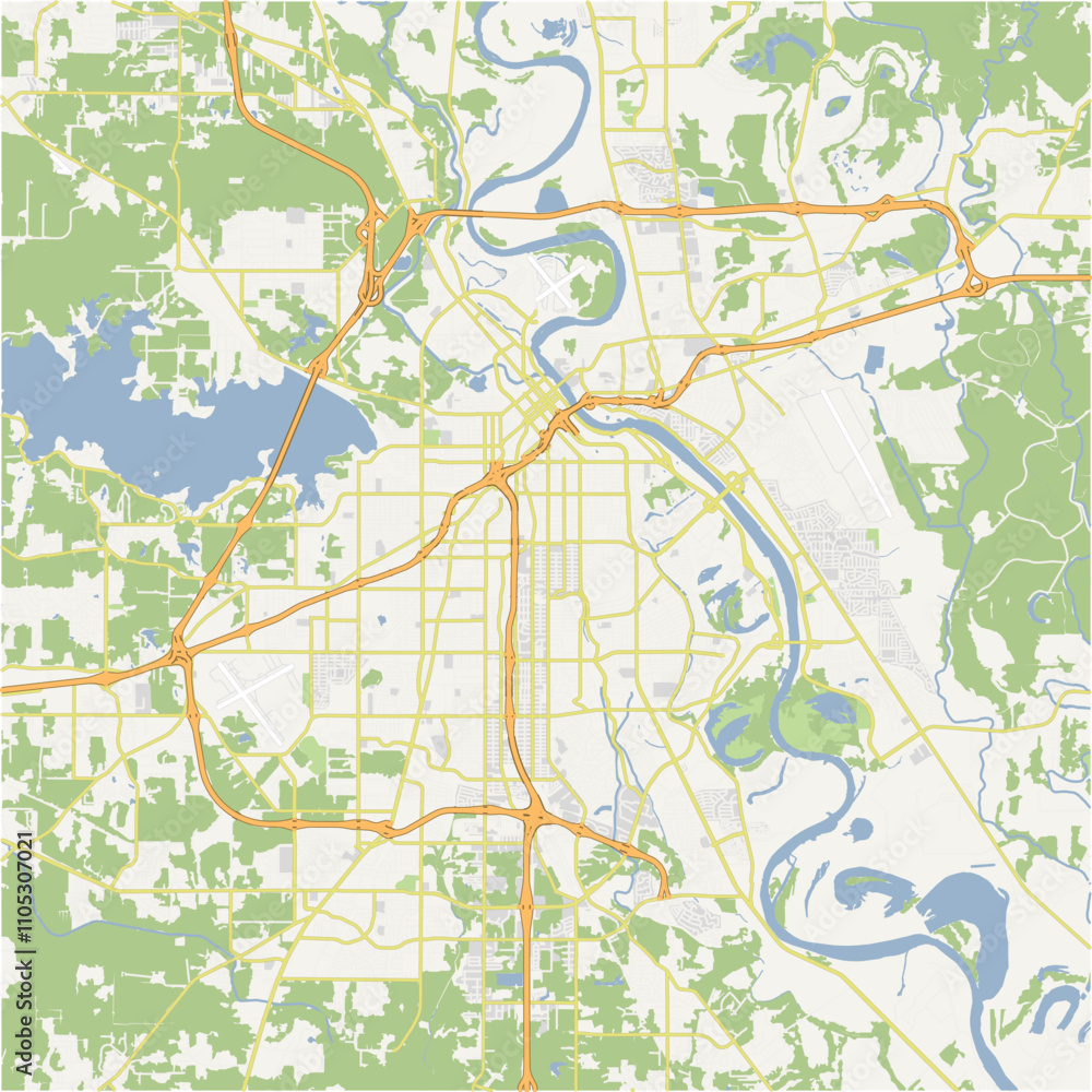 Fototapeta premium Map of Shreveport in Louisiana in a normal road map style. Contains layered vector with roads water, parks, etc.